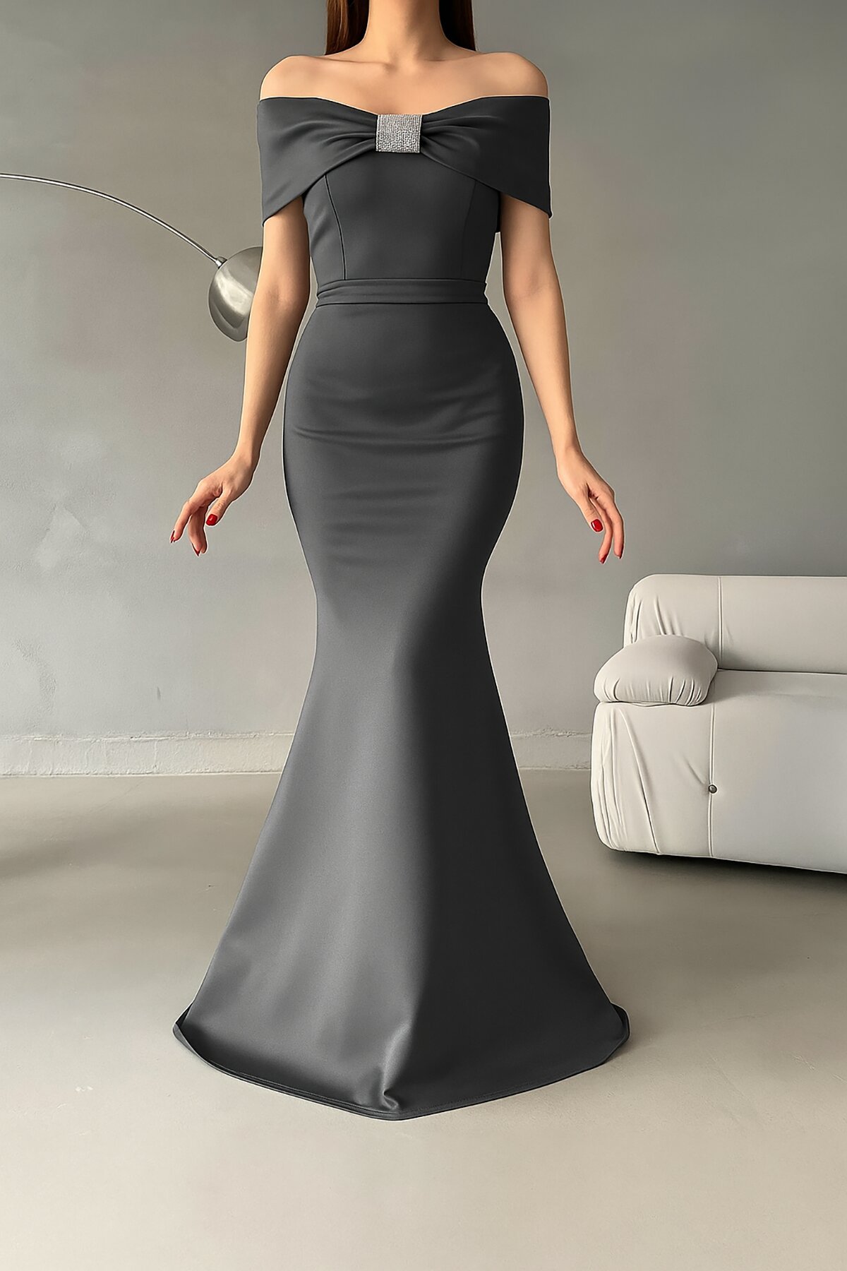 Long Dark Gray Scuba Fabric Mermaid Evening Dress with Madonna Collar and Stone Detail - Deafox