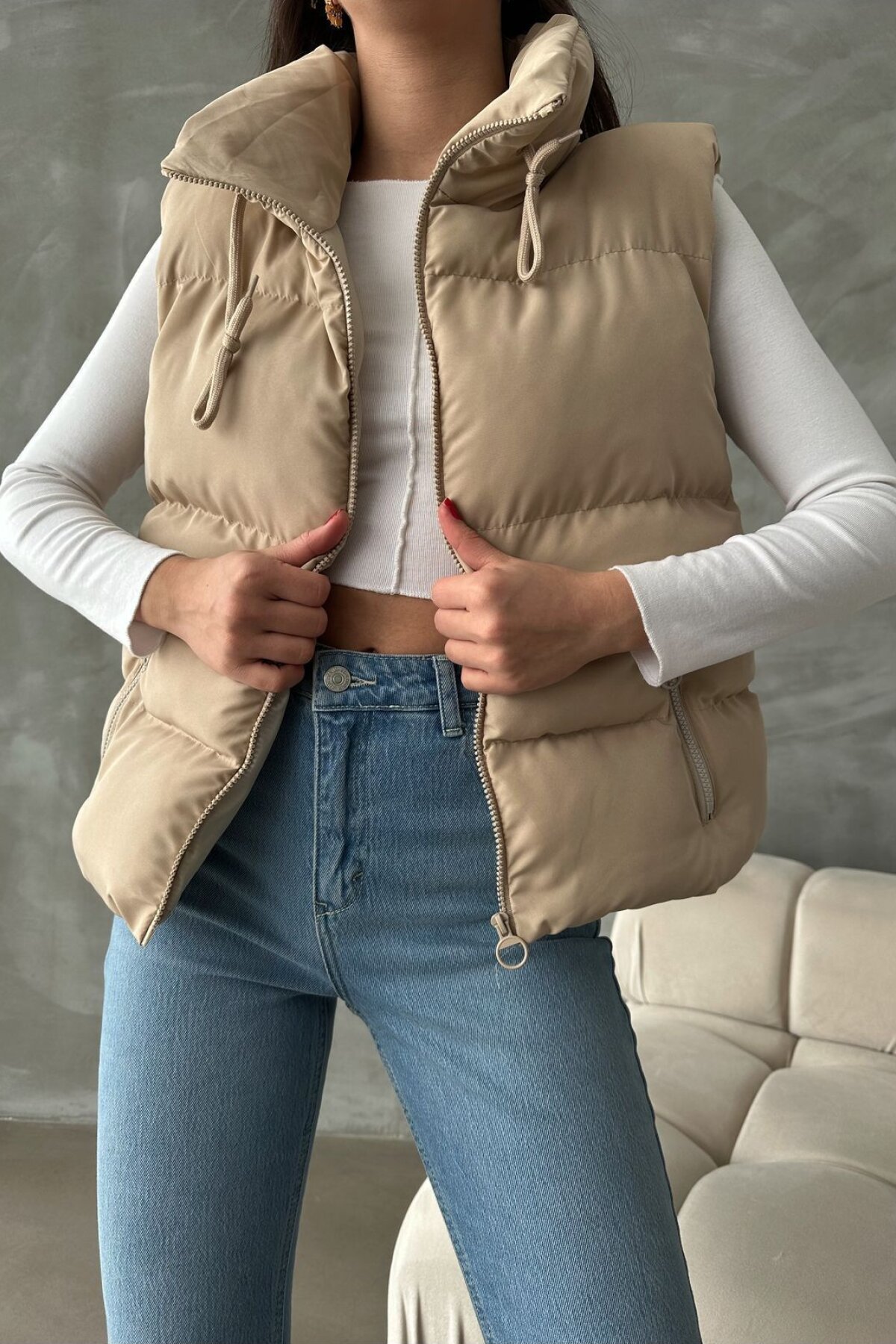 Krem Astarlı Oversize Şişme Yelek - İLKCET MODA