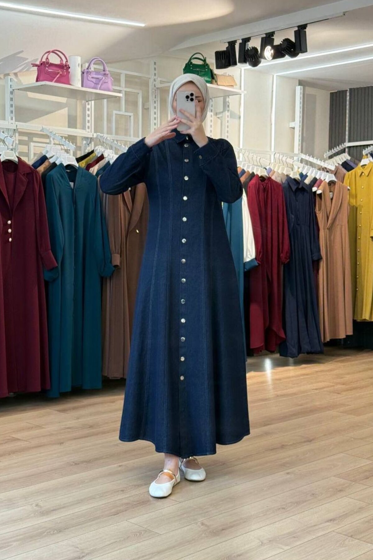 Lacivert Boydan Dikiş Detaylı Deri Kemerli Denim Kot Tesettür Elbise - OlaLady