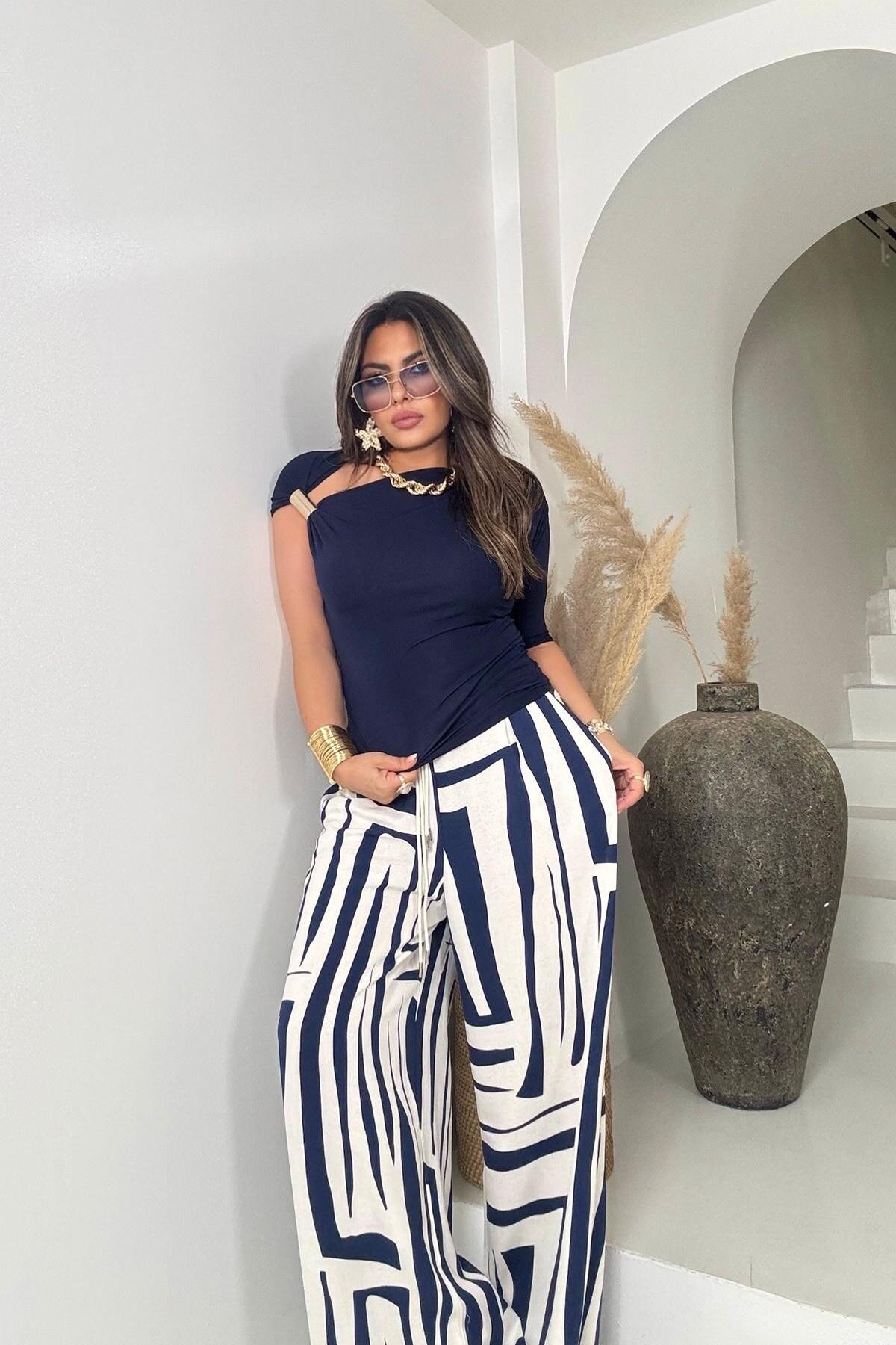 Navy Blue Ecru Textured Viscose Palazzo Pants - Sohotique By P