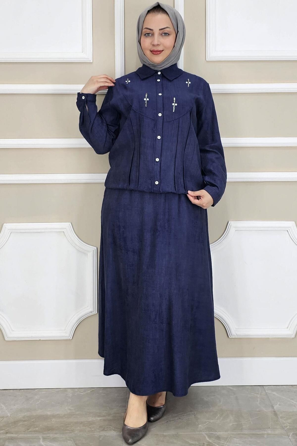 Navy Blue Stone-Detailed Shirt and Skirt Two-Piece Modest Set - PYS