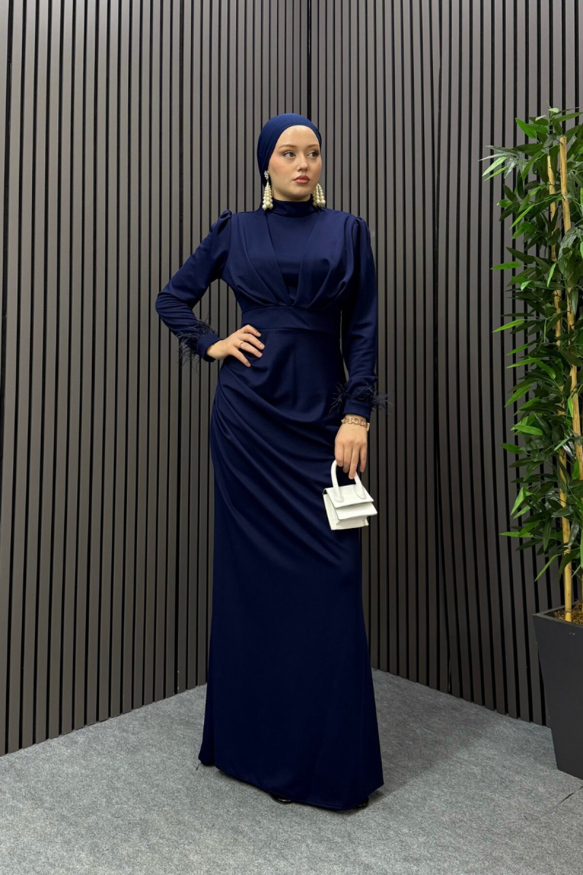 Navy Blue Zeyna Feathered Sleeve Modest Evening Dress - Ensa Tesettür
