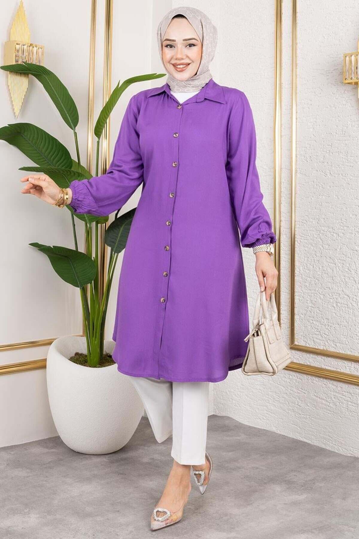 Lila Manşeti Lastikli Viskon Tunik - Mec Fashion