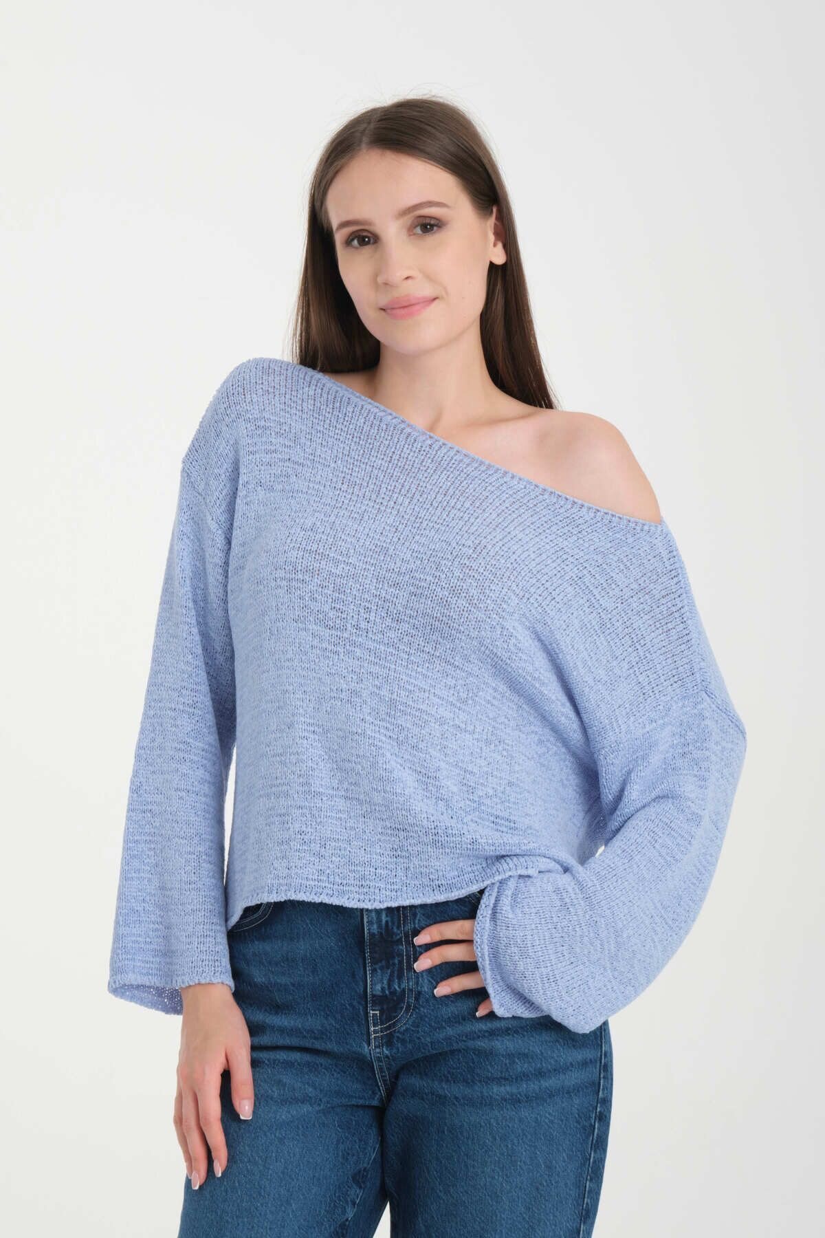 Mavi Düşük Omuz Oversize Kazak - İLKCET MODA