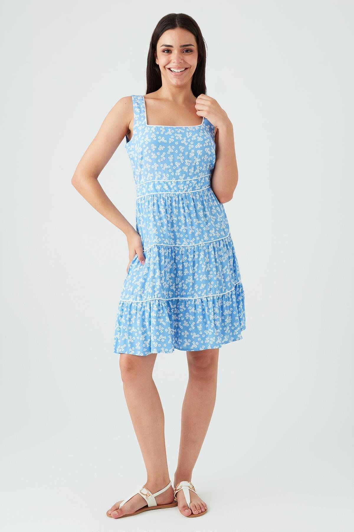 Mavi Midi Çiçek Desenli Askılı Elbise - Select Moda