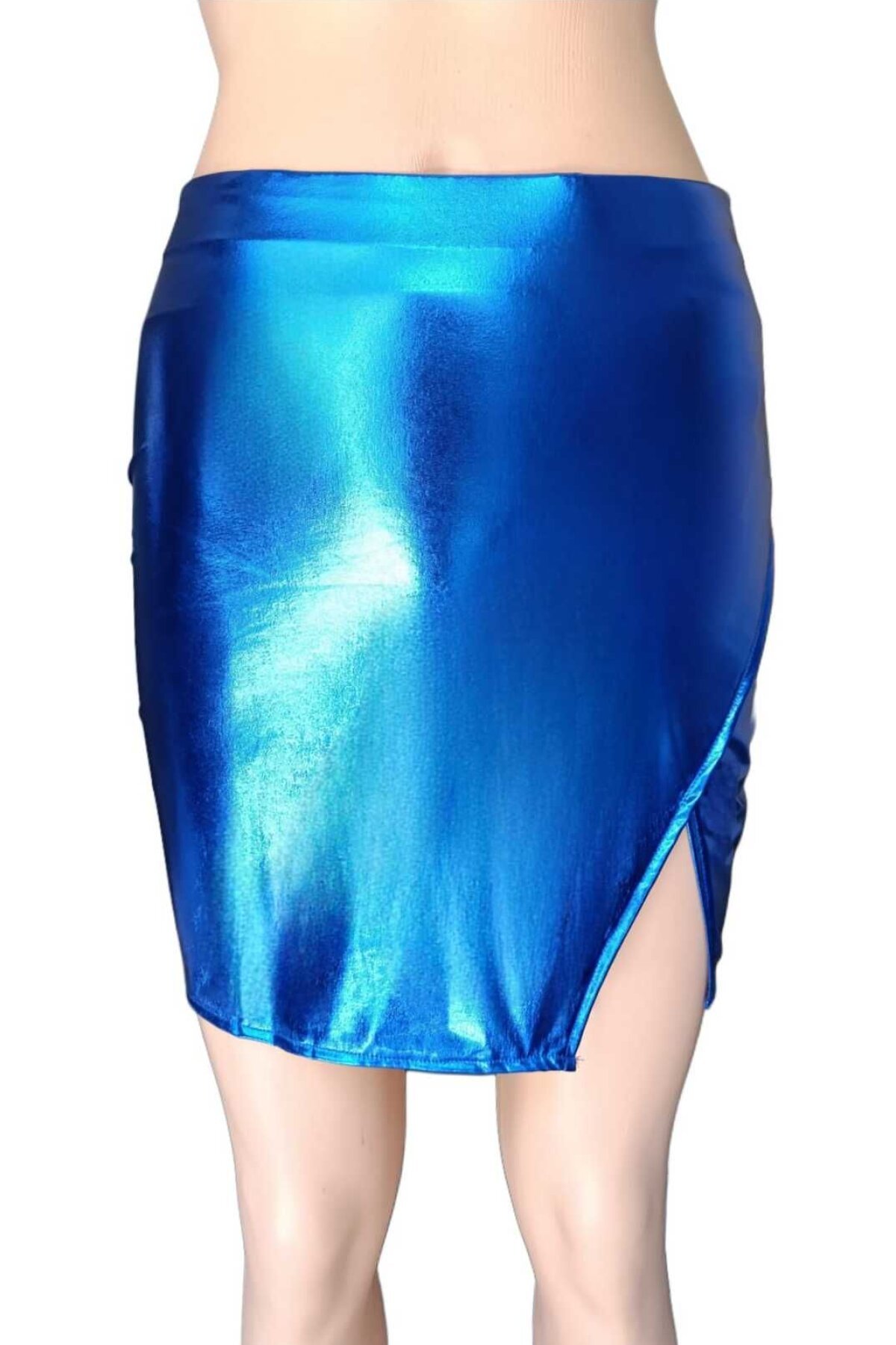 Blue Mini Bodycon Single Leg Slit Shiny Fabric Skirt - Charango