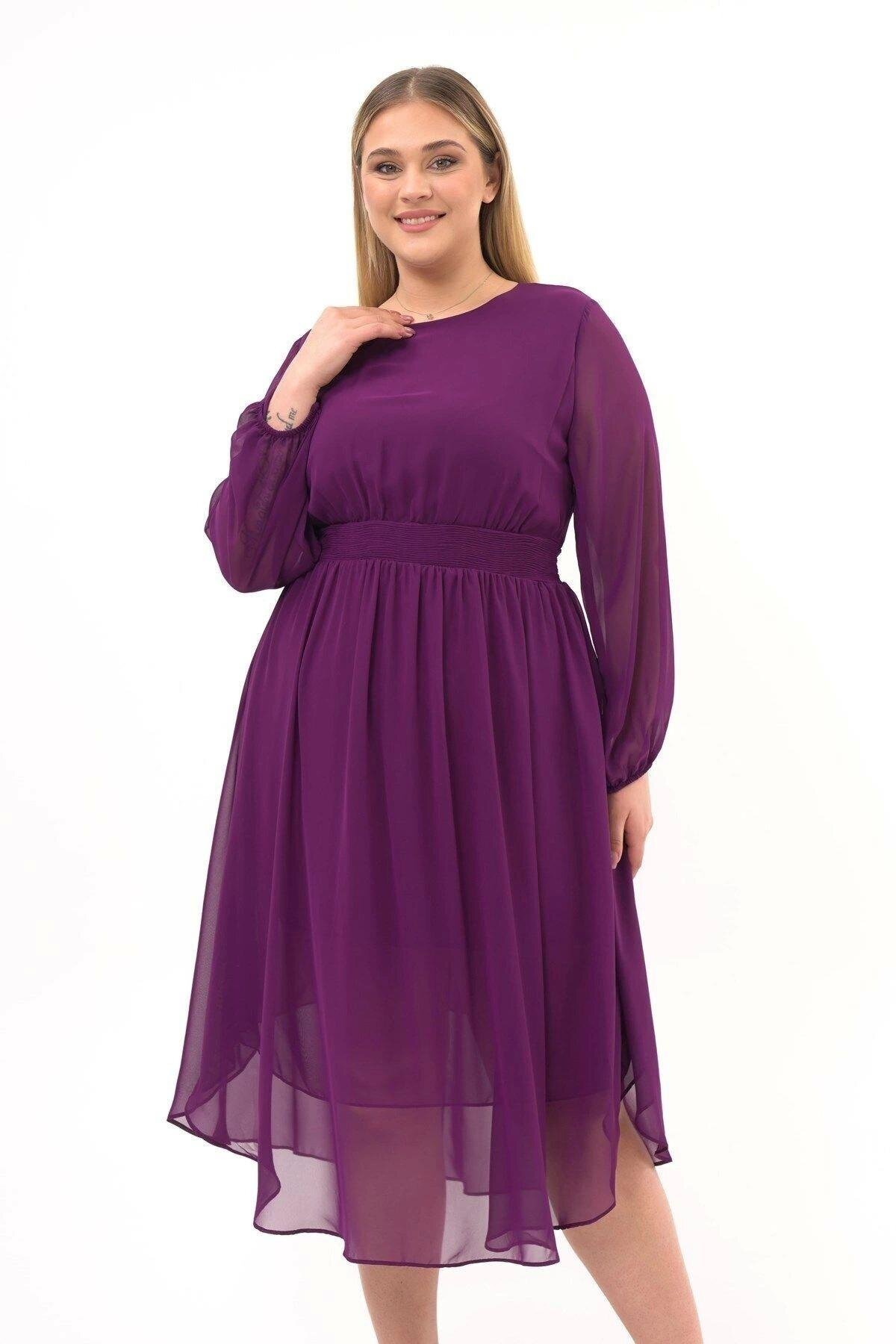 Purple Midi Crew Neck Long Sleeve Detailed Chiffon Dress - APSEN