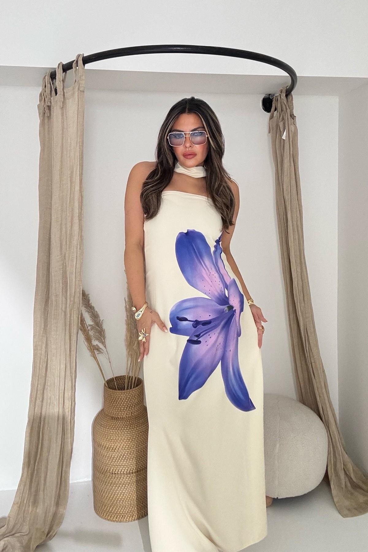 فستان ليليوم بنفسجي طويل بدون حمالات - Sohotique By P