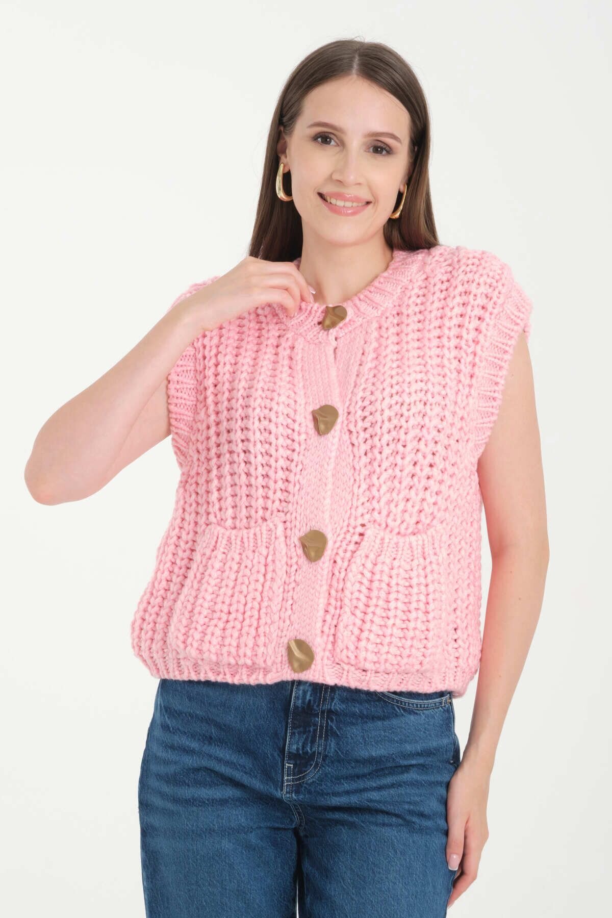 Pembe Bisiklet Yaka Yumuşak Dokulu Cepli Düğmeli Triko Yelek - İLKCET MODA