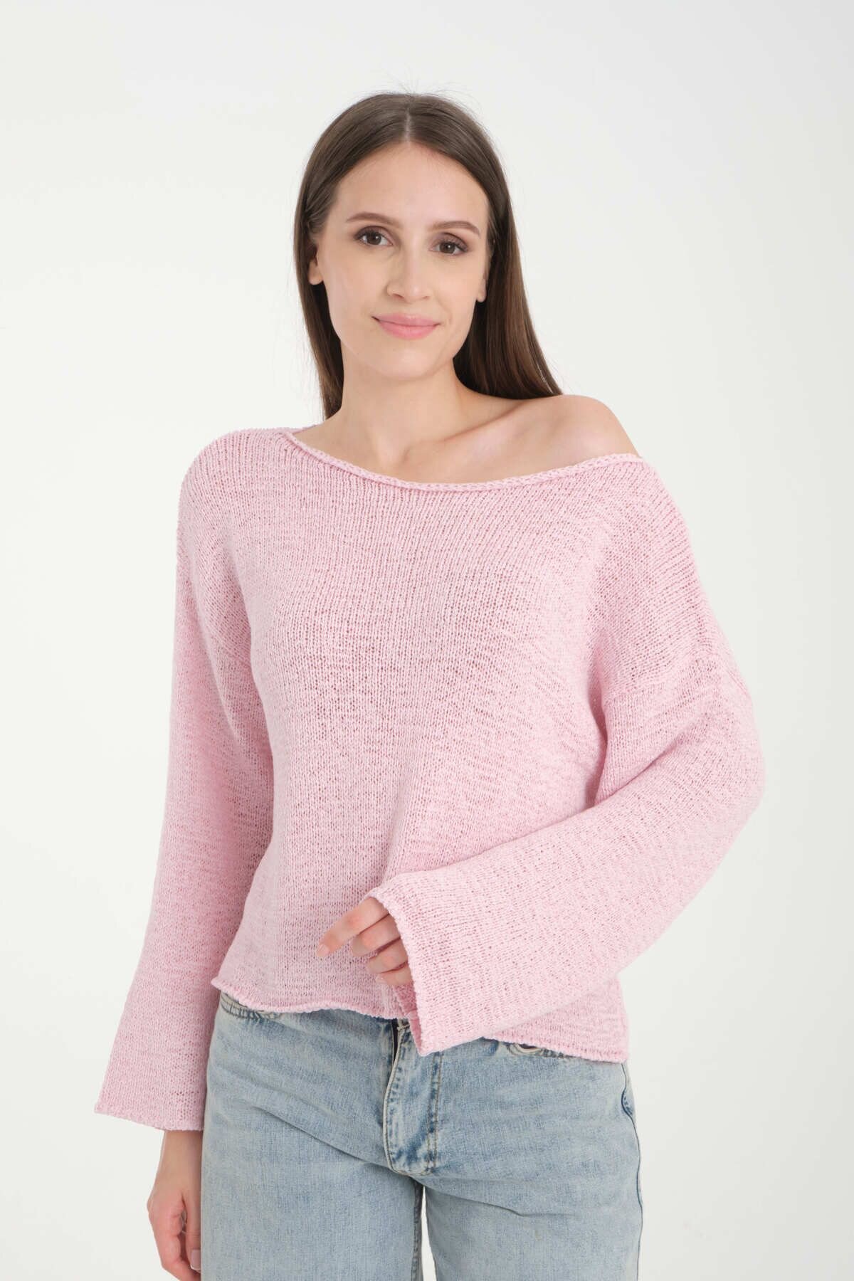 Pembe Düşük Omuz Oversize Kazak - İLKCET MODA