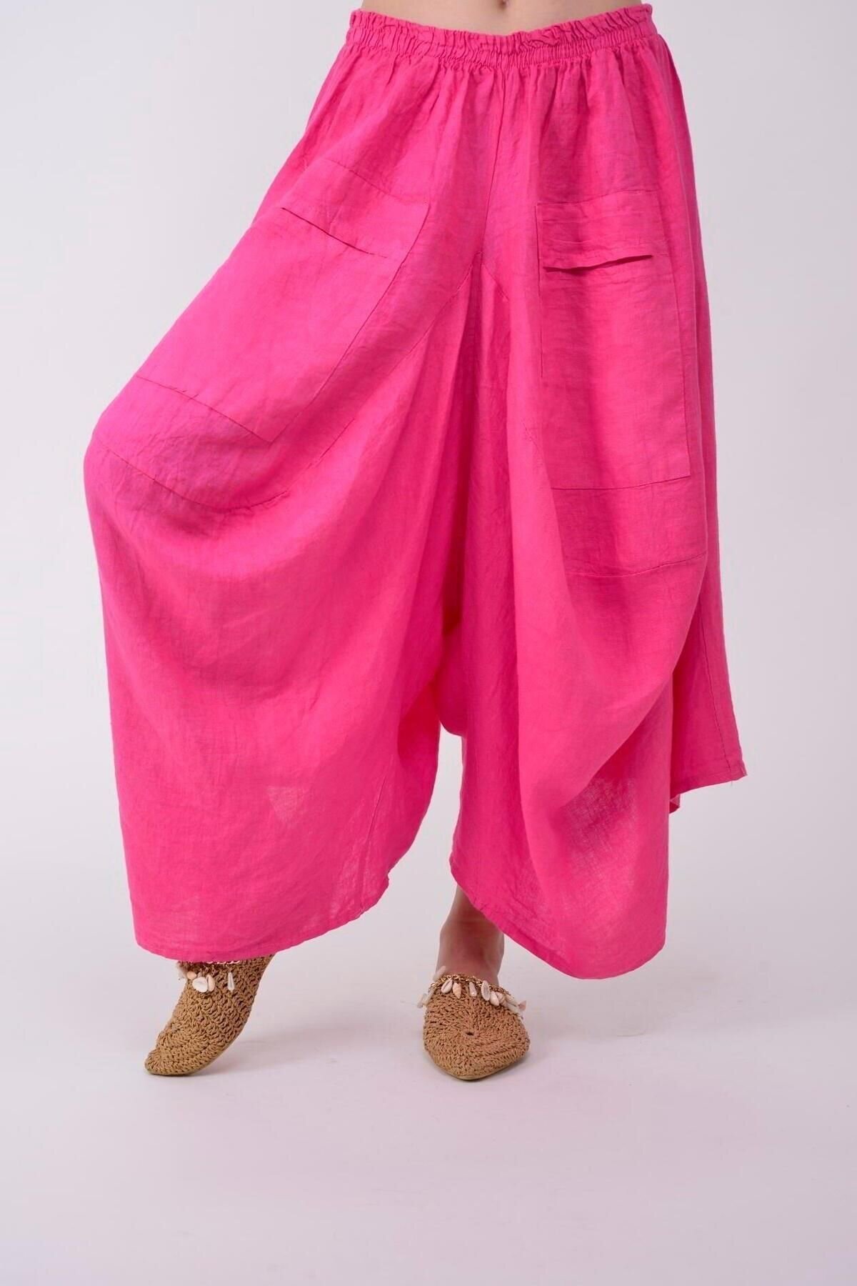 Pembe İtalyan Cepli Keten Şalvar Pantolon - Bohem Stil