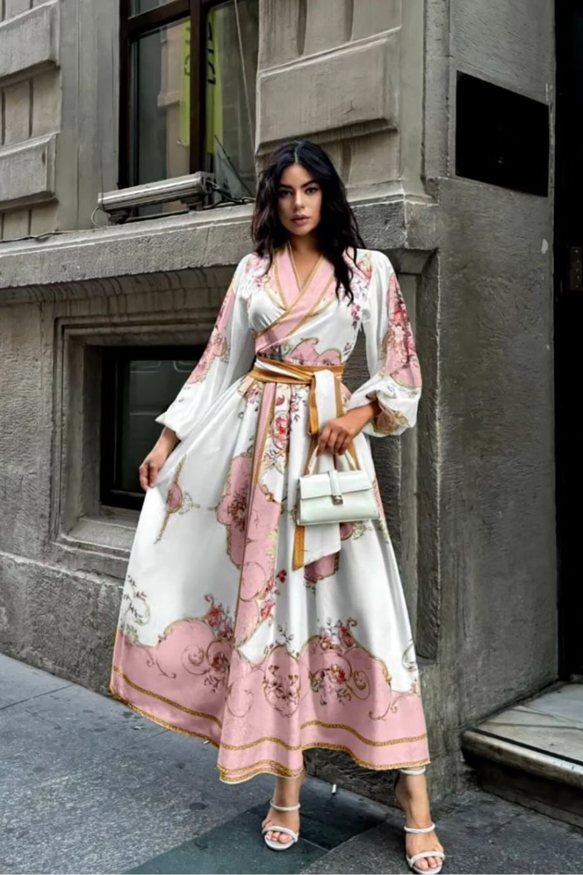 Pembe Kruvaze Yaka Desenli Elbise - XXL BUTİK