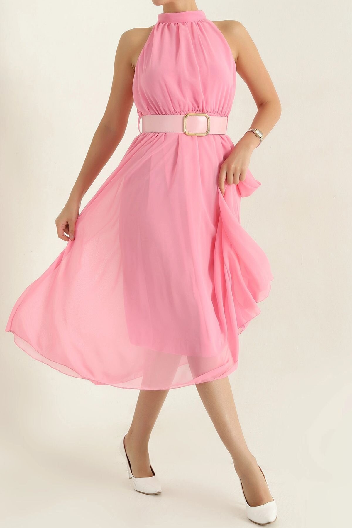 Pembe Midi Sıfır Kol Kemerli Şifon Elbise - XXL BUTİK