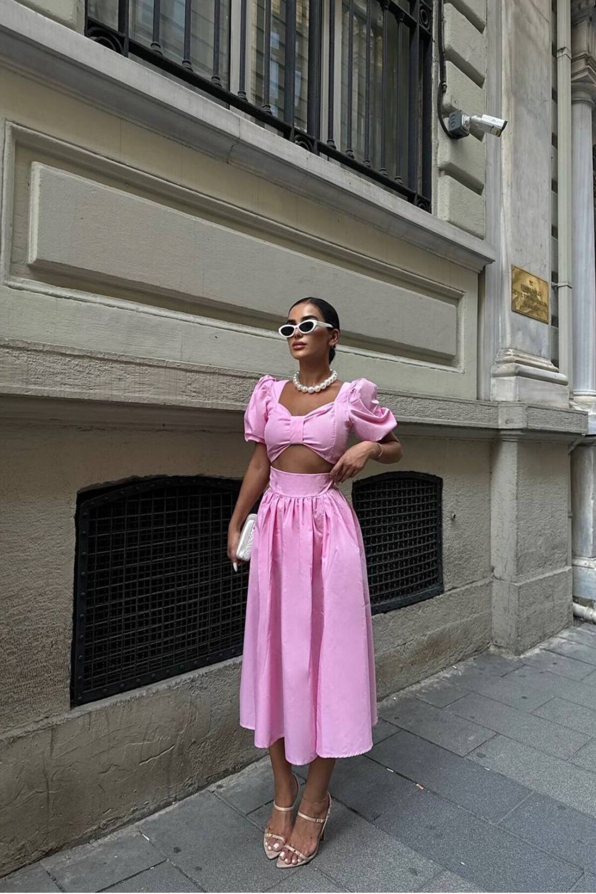 Pembe Poplin Kumaş Göğüs Detaylı Balon Kol Etek Bluz İkili Takım - VİSKALİ