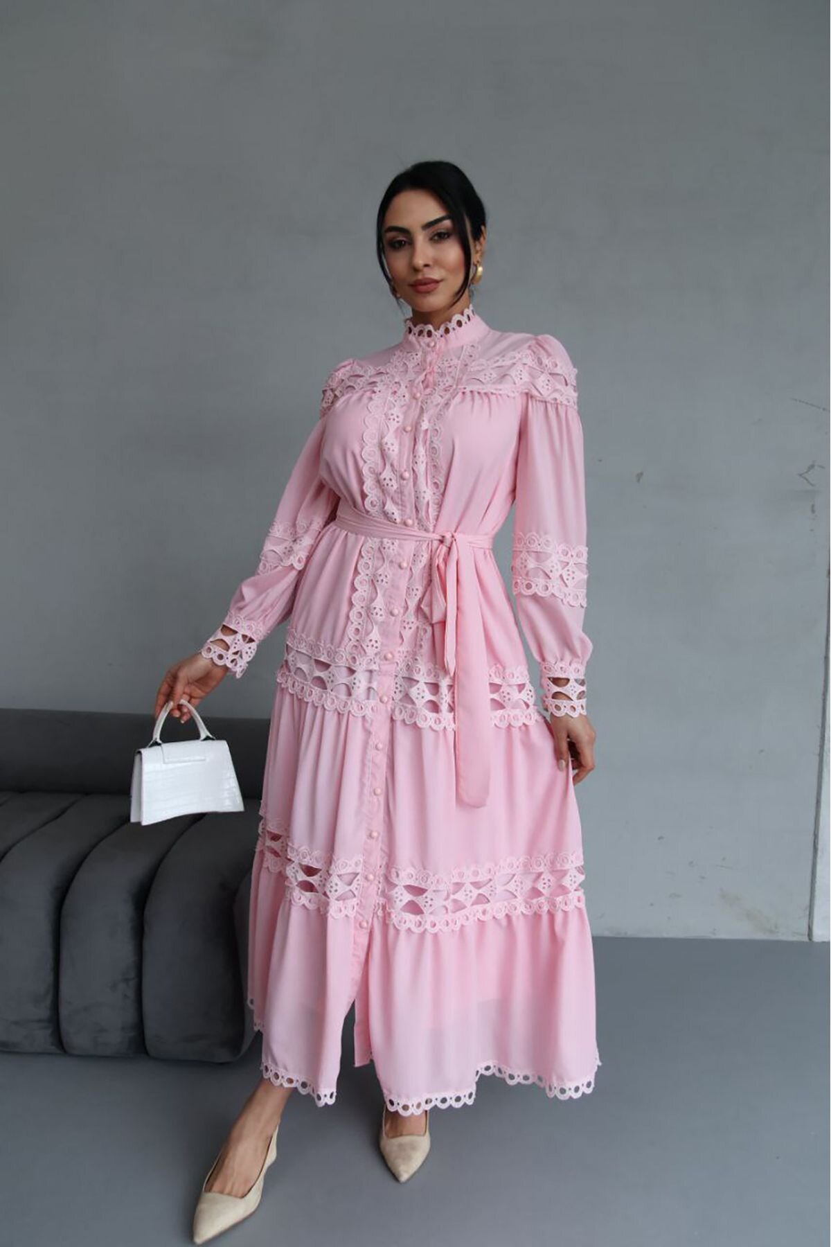 Pembe Uzun Kuşaklı Hakim Yaka Elbise - XXL BUTİK