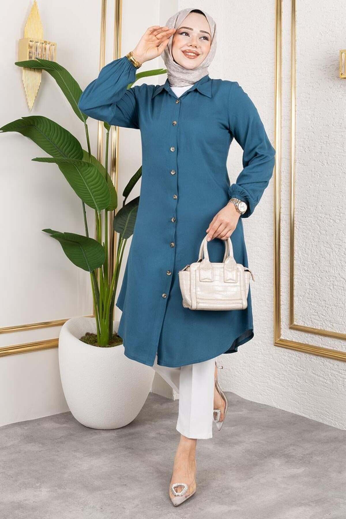 Petrol Manşeti Lastikli Viskon Tunik - Mec Fashion