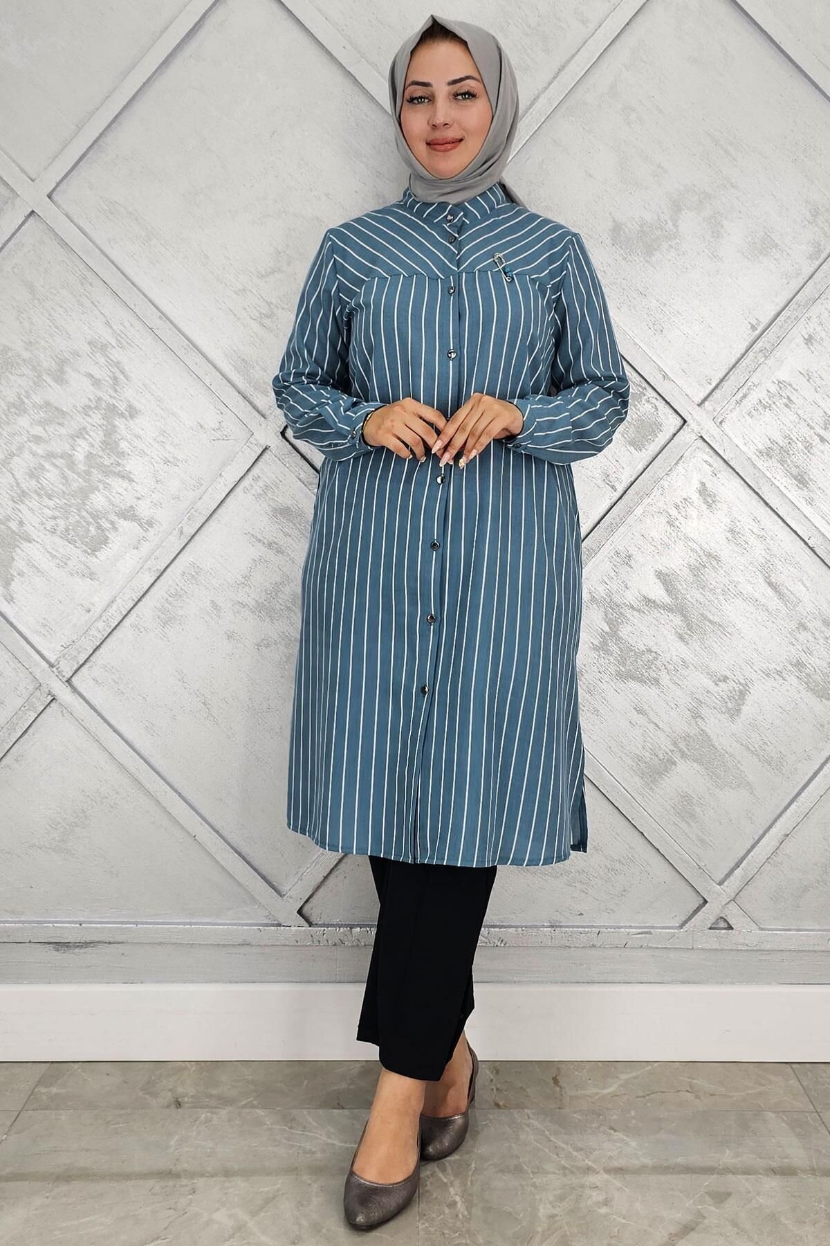 Petrol Green Striped Linen Shirt with Brooch - PYS