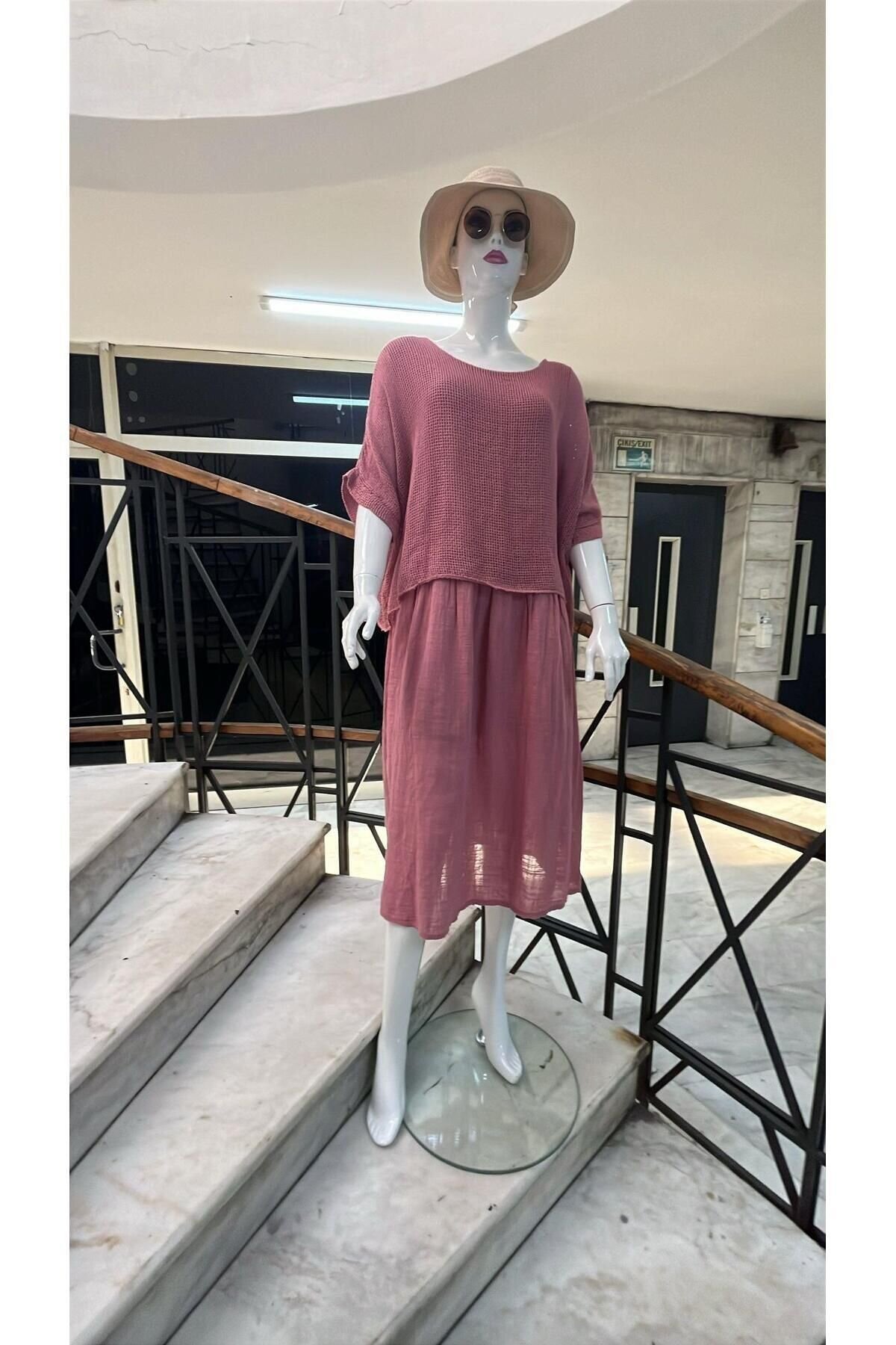 Pudra Midi İtalyan Müslin Keteni Üstü File Bluzlu Astarlı Tek Parça Elbise - EREN STYLE