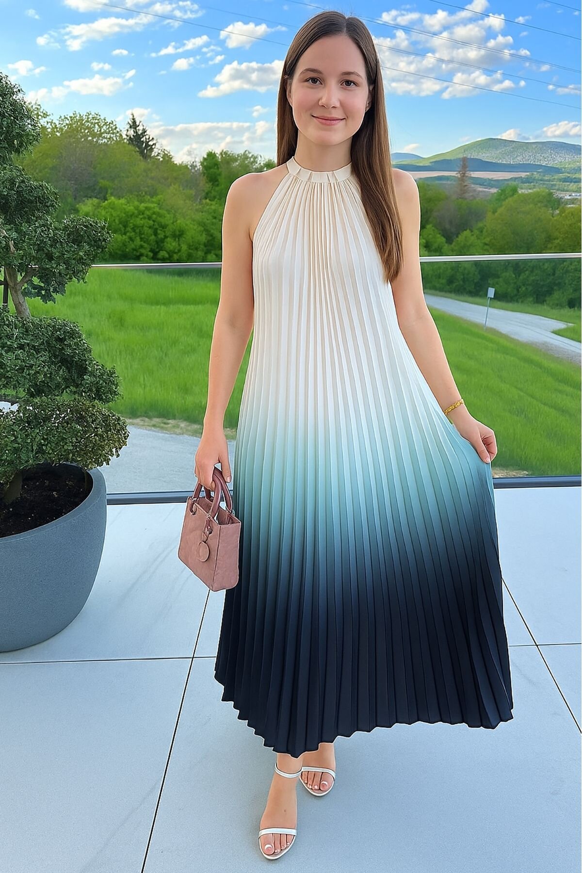 Colorful Long Pleated Unlined Design Satin Dress - XXL BUTİK