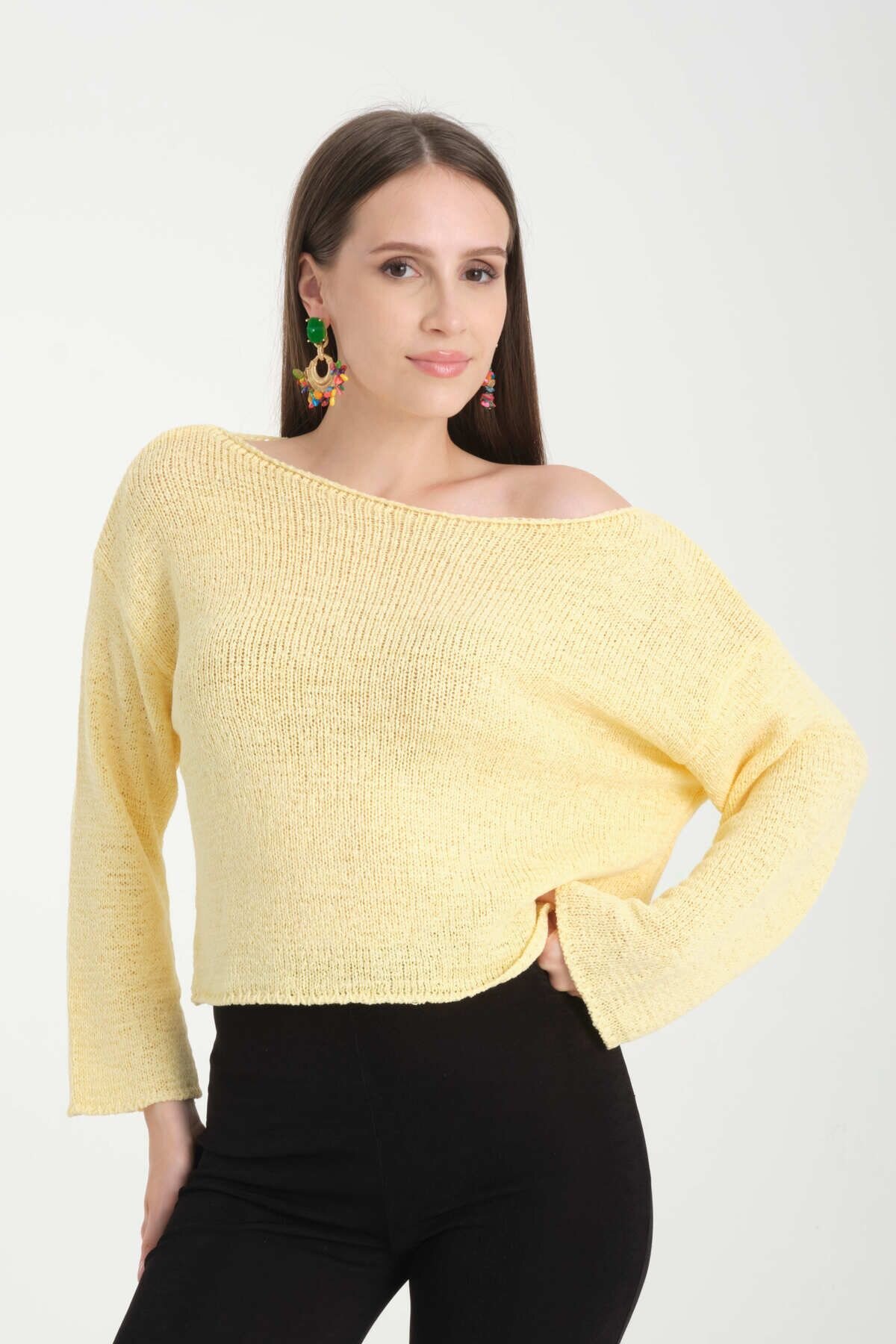 Sarı Düşük Omuz Oversize Kazak - İLKCET MODA