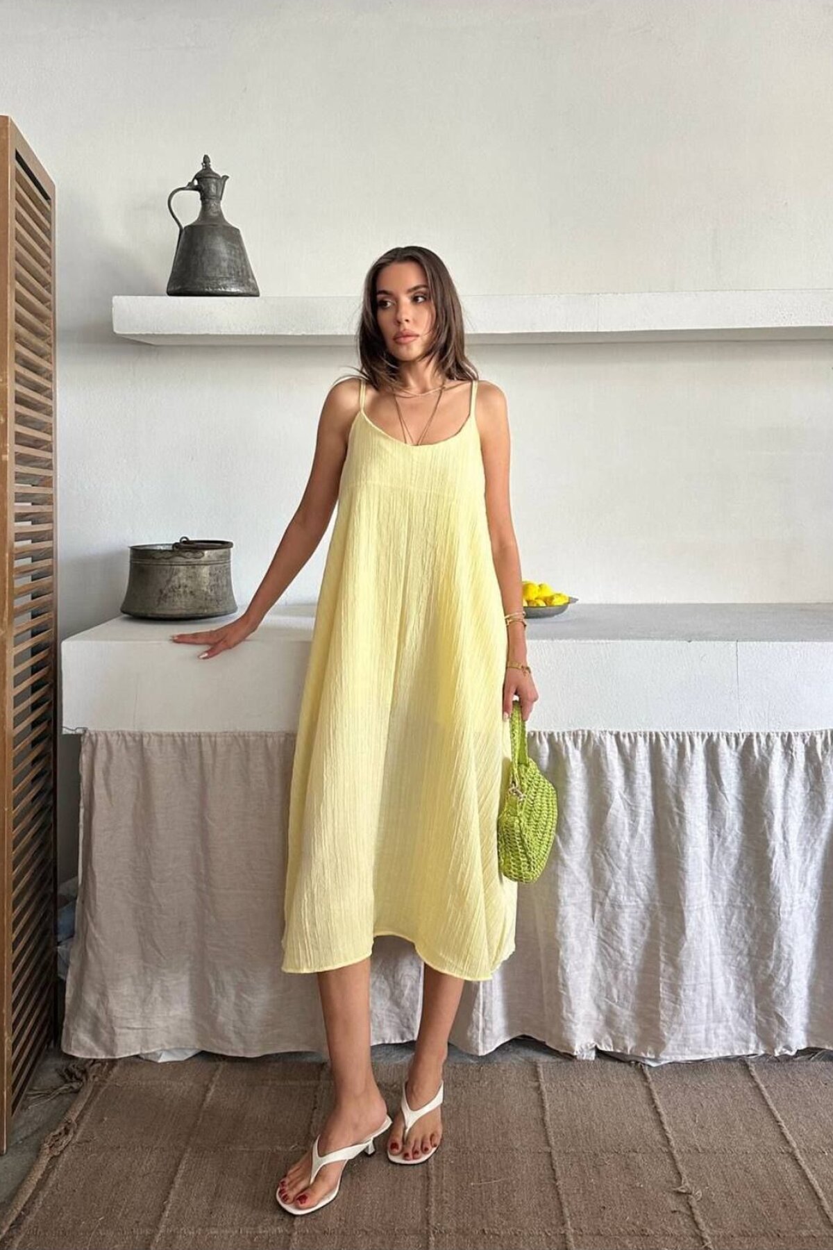 Sarı Midi Askılı İç Astarlı Ayarlanabilir Askı Salaş Elbise - İLKCET MODA