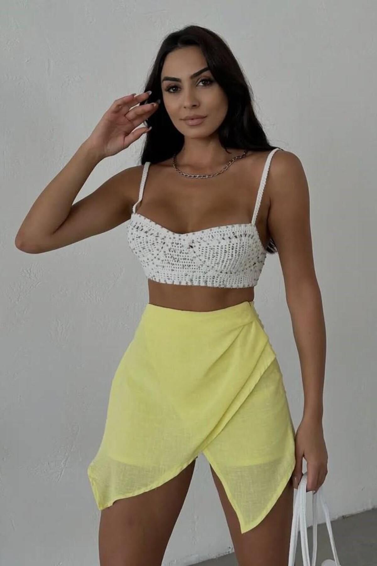 Yellow Mini Linen Draped Detail High-Waisted Slim Zippered Chic Trendy Summer Skort - Baby Xclub
