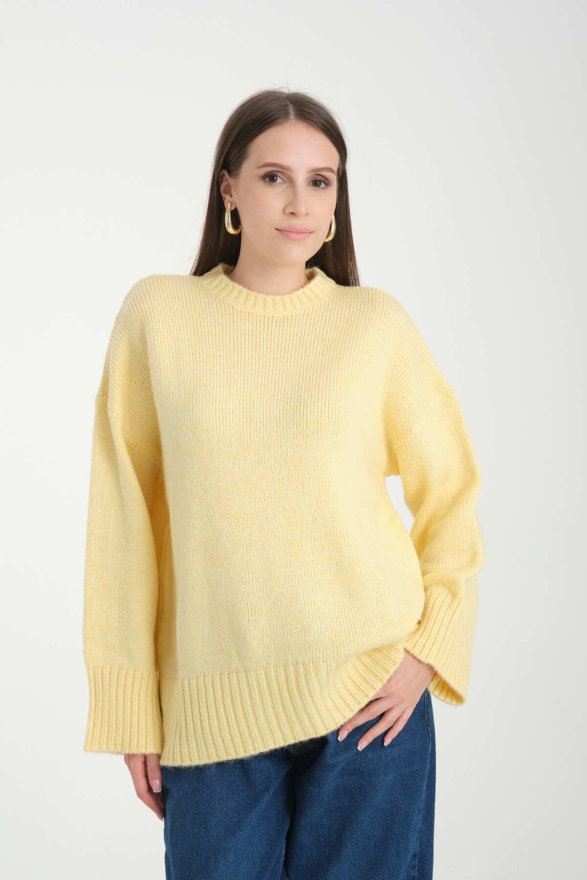Sarı Oversize Basic Uzun Kazak - İLKCET MODA
