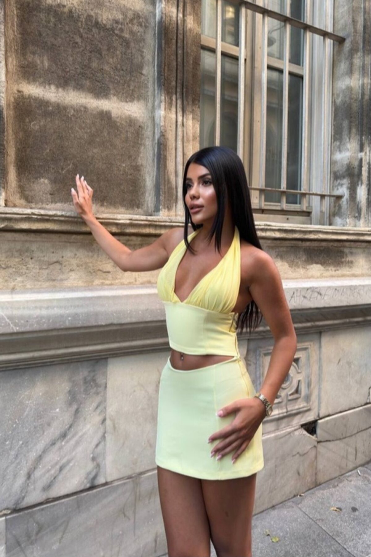 Yellow Tulle Detailed Low-Back Mini Skirt Two-Piece Set - VİSKALİ