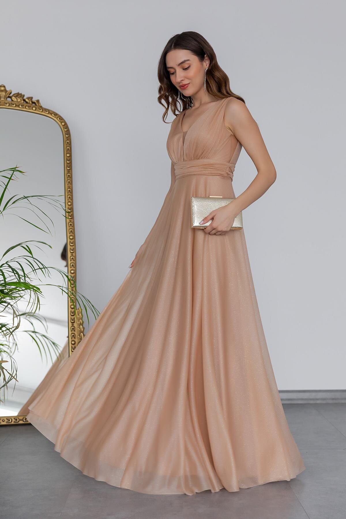 Yellow Long Gold V-Neck Evening Dress - XXL BUTİK