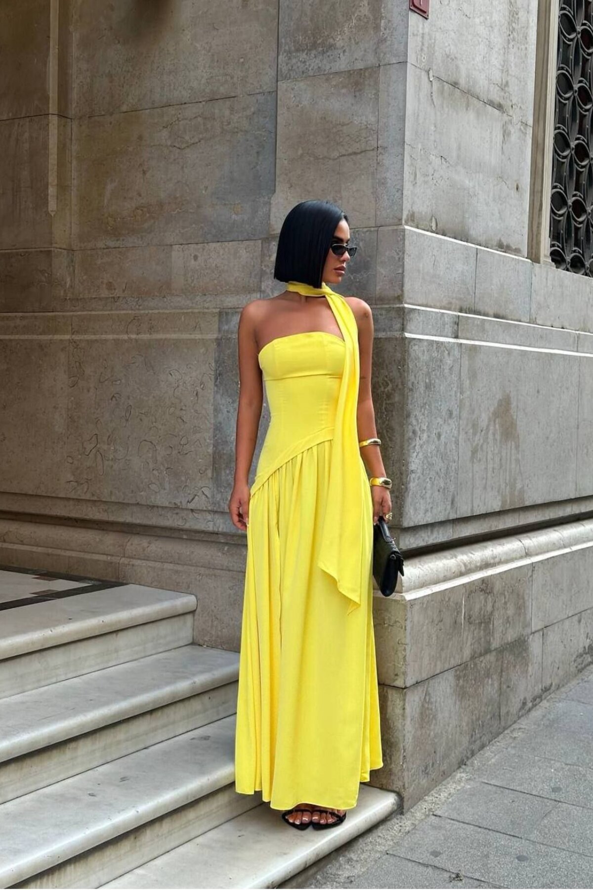 Yellow Long Strapless Dubai Fabric Back-Tie Criss-Cross Detail Slit Evening Dress - VİSKALİ