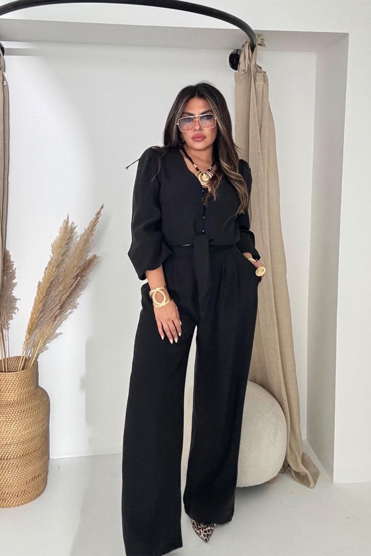 Siyah Bağlamalı Karpuz Kol Crop Pantolon İkili Takım - Sohotique By P