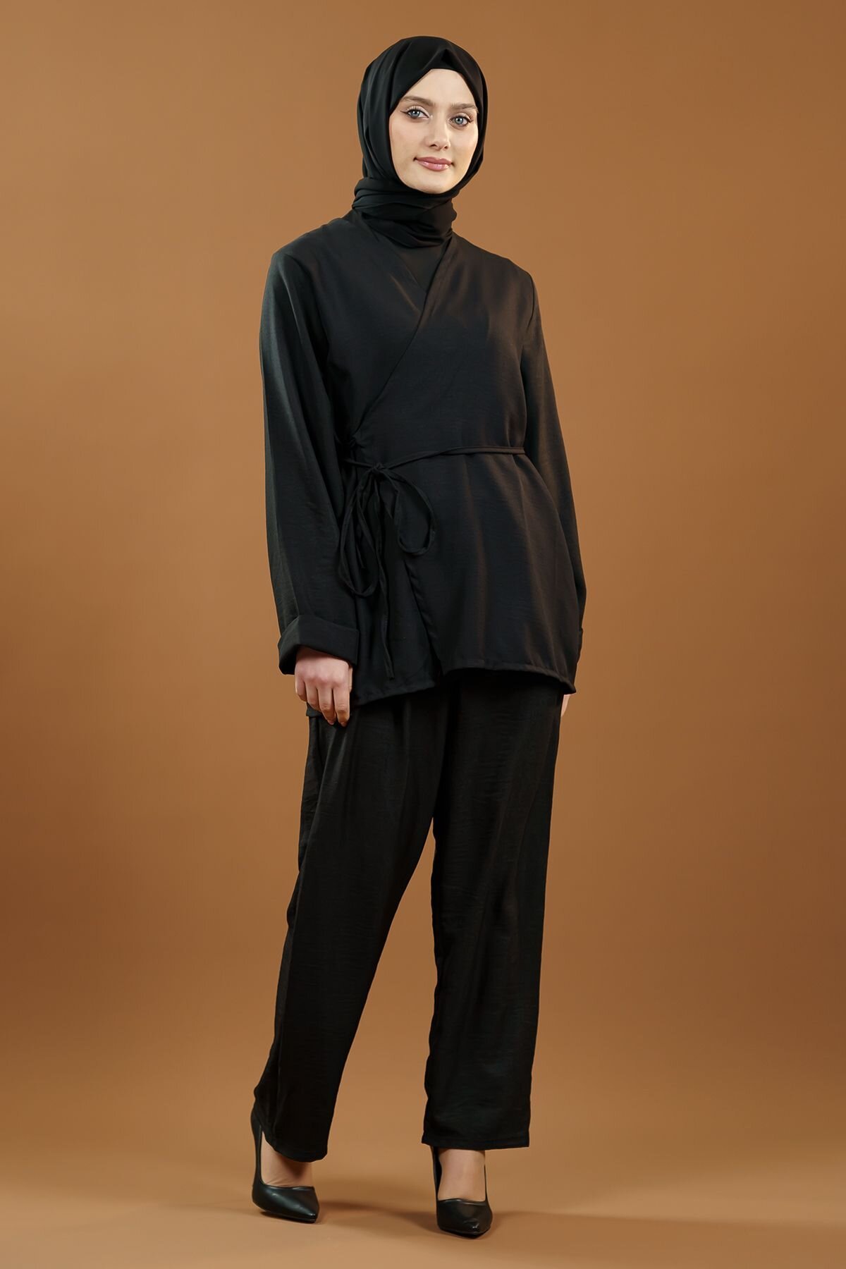 Siyah Bağlamalı Kimono İkili Tesettür Takım - Mec Fashion