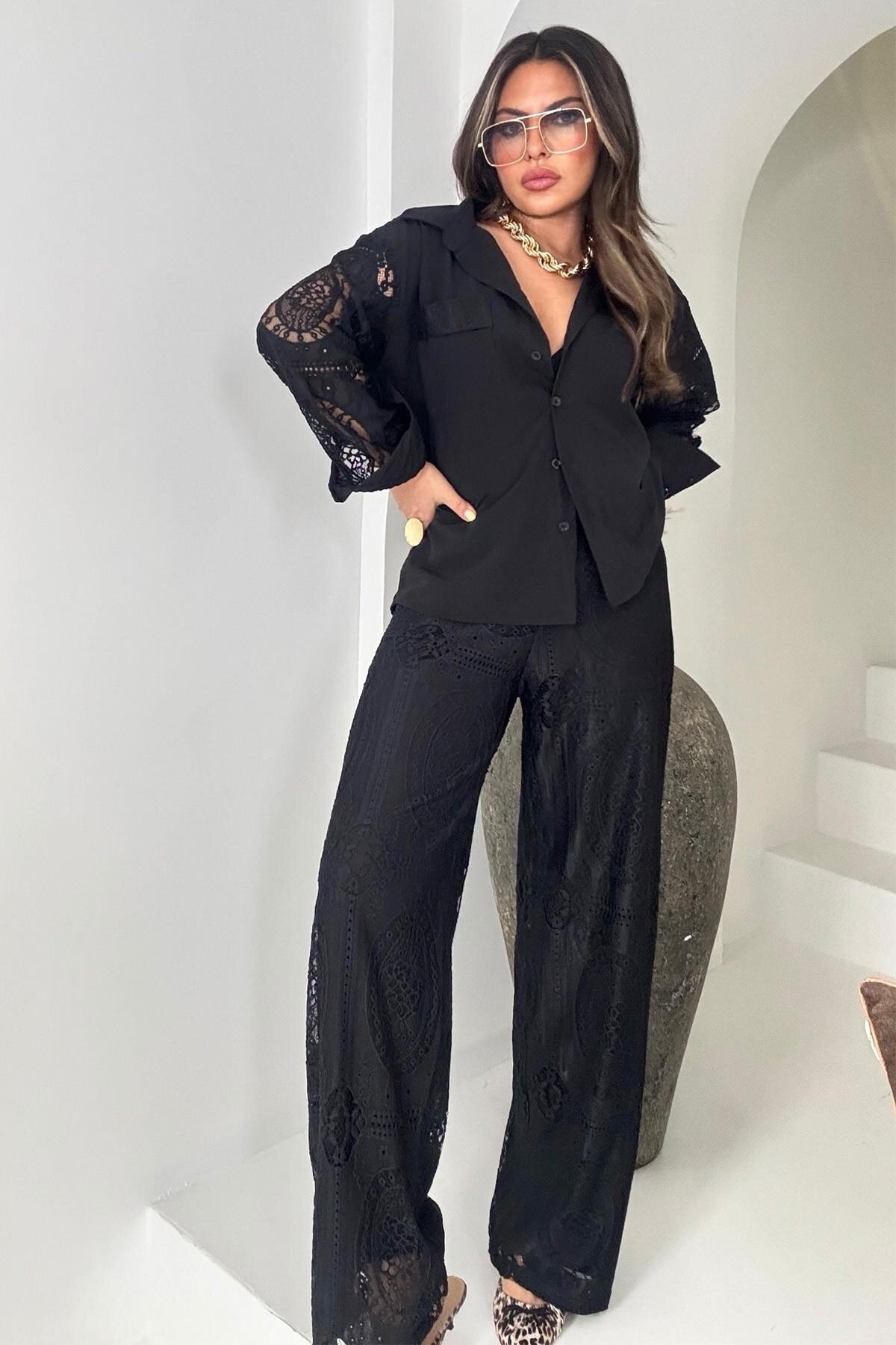Siyah Dantel Beli Lastikli Pantolon - Sohotique By P