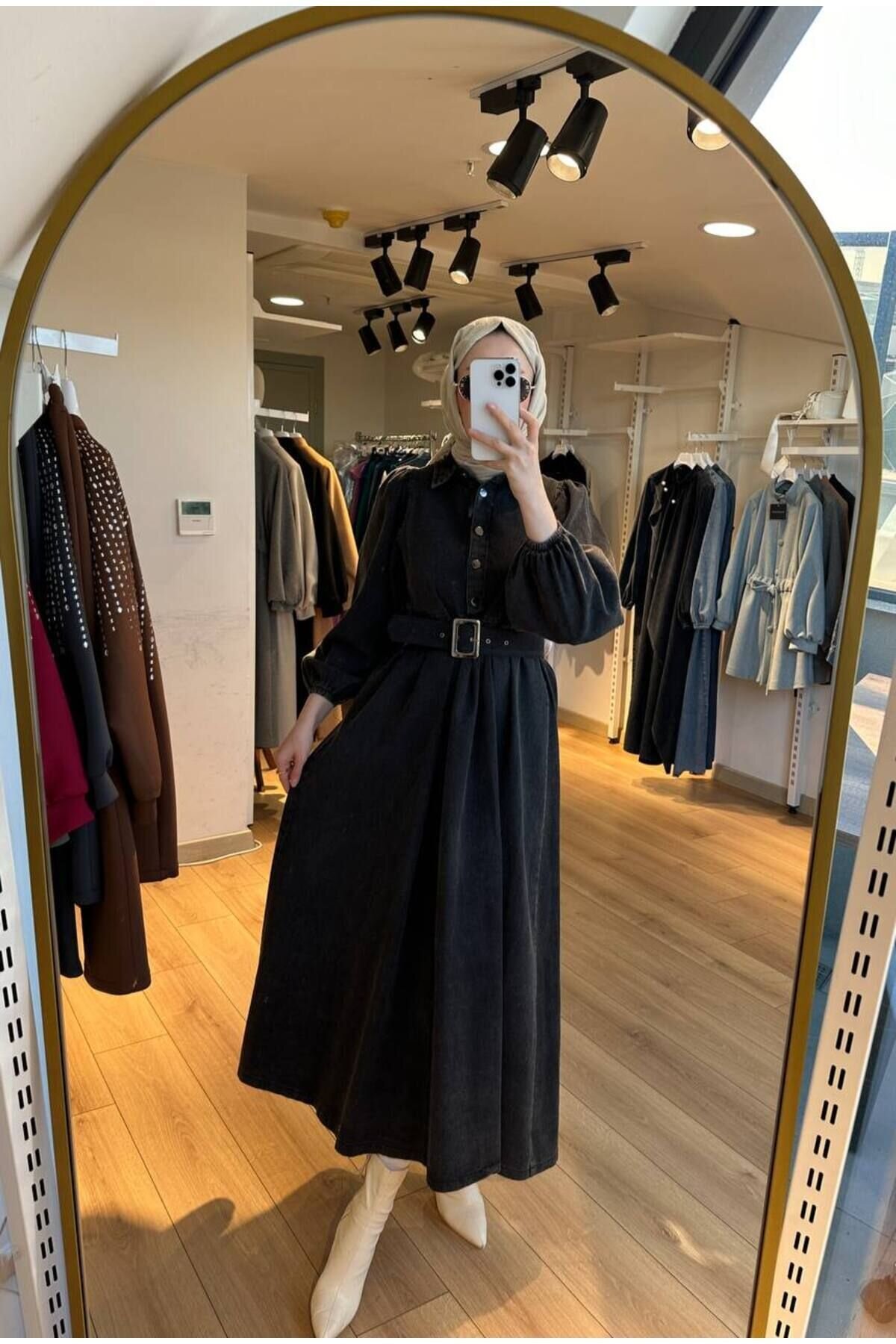 Siyah Kemeri Tokalı Prenses Kollu Testtür Kot Tesettür Elbise - OlaLady