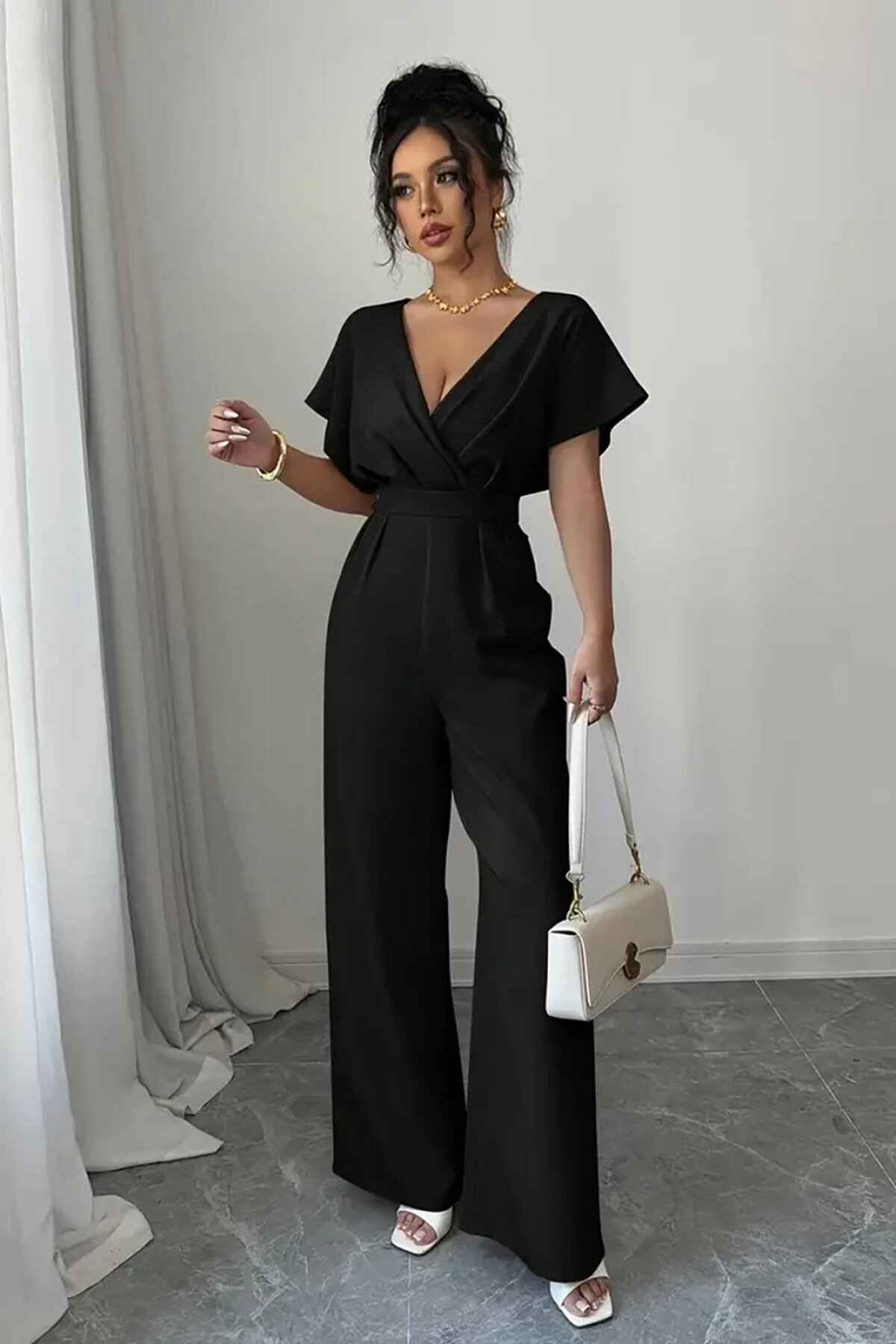 Black Short Sleeve Wrap Neck Self-Belted Jumpsuit - Deafox
