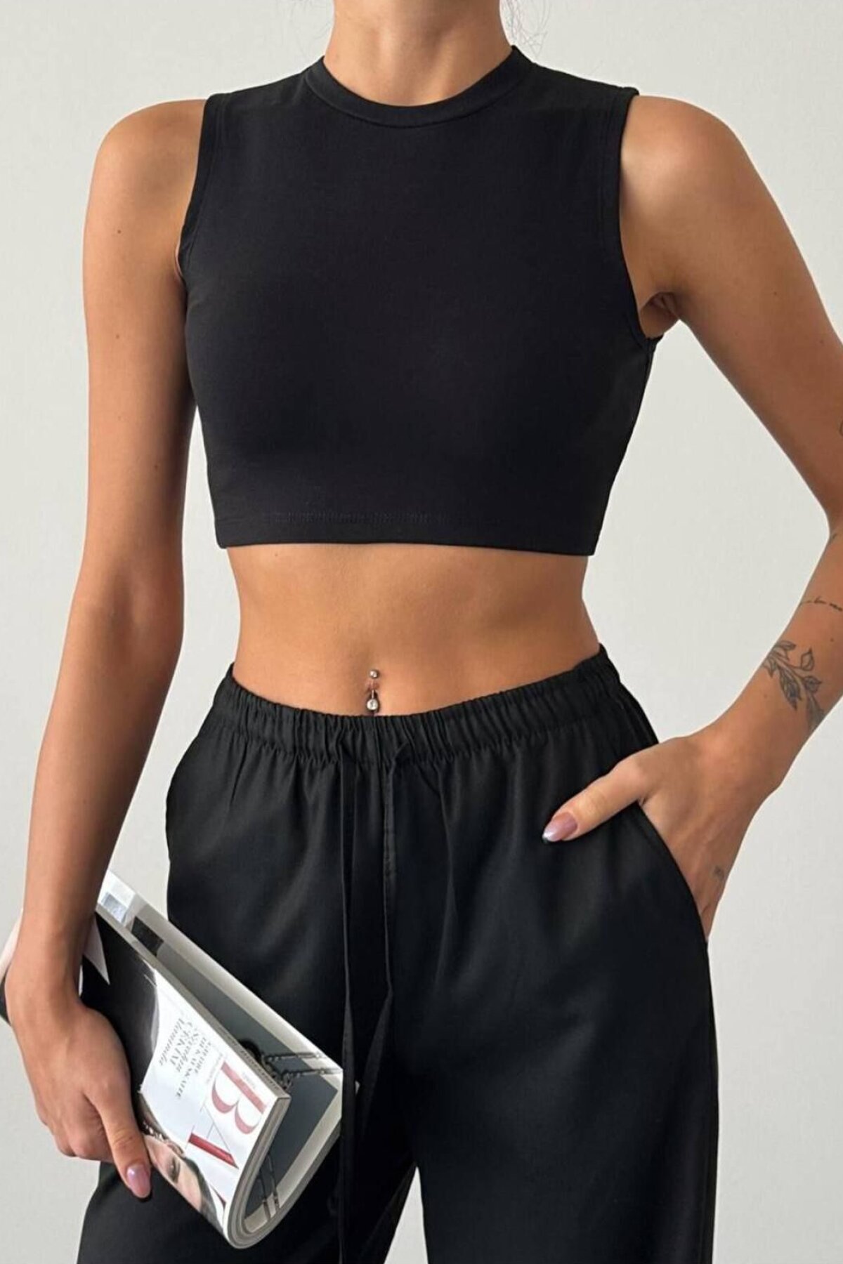 Black Stretchy Crop Supreme Knit Tank Top - İLKCET MODA