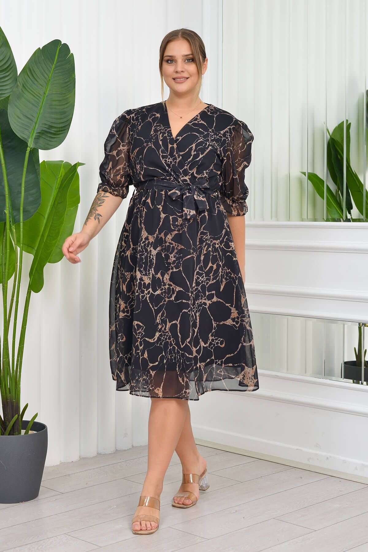 Black Midi Plus Size Marble Patterned Chiffon Dress - XXL BUTİK