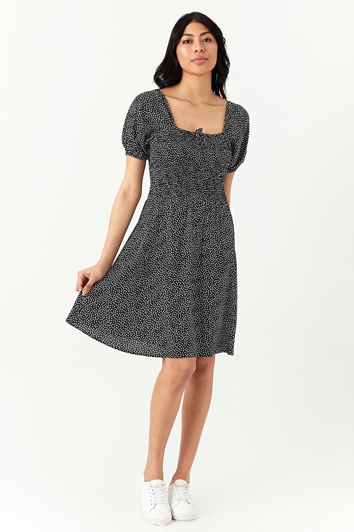 Black Midi Floral Patterned Square Neck Short Sleeved Dress - Select Moda