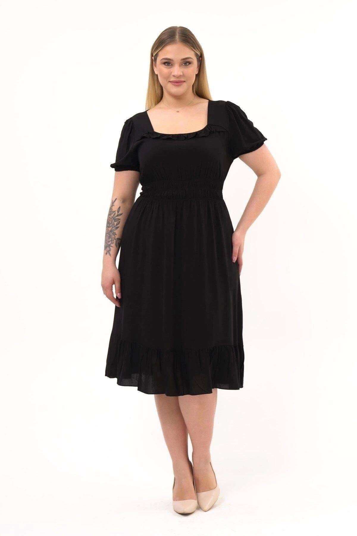 Black Midi Square Neck Smocked Waist Frill Detail Dress - APSEN
