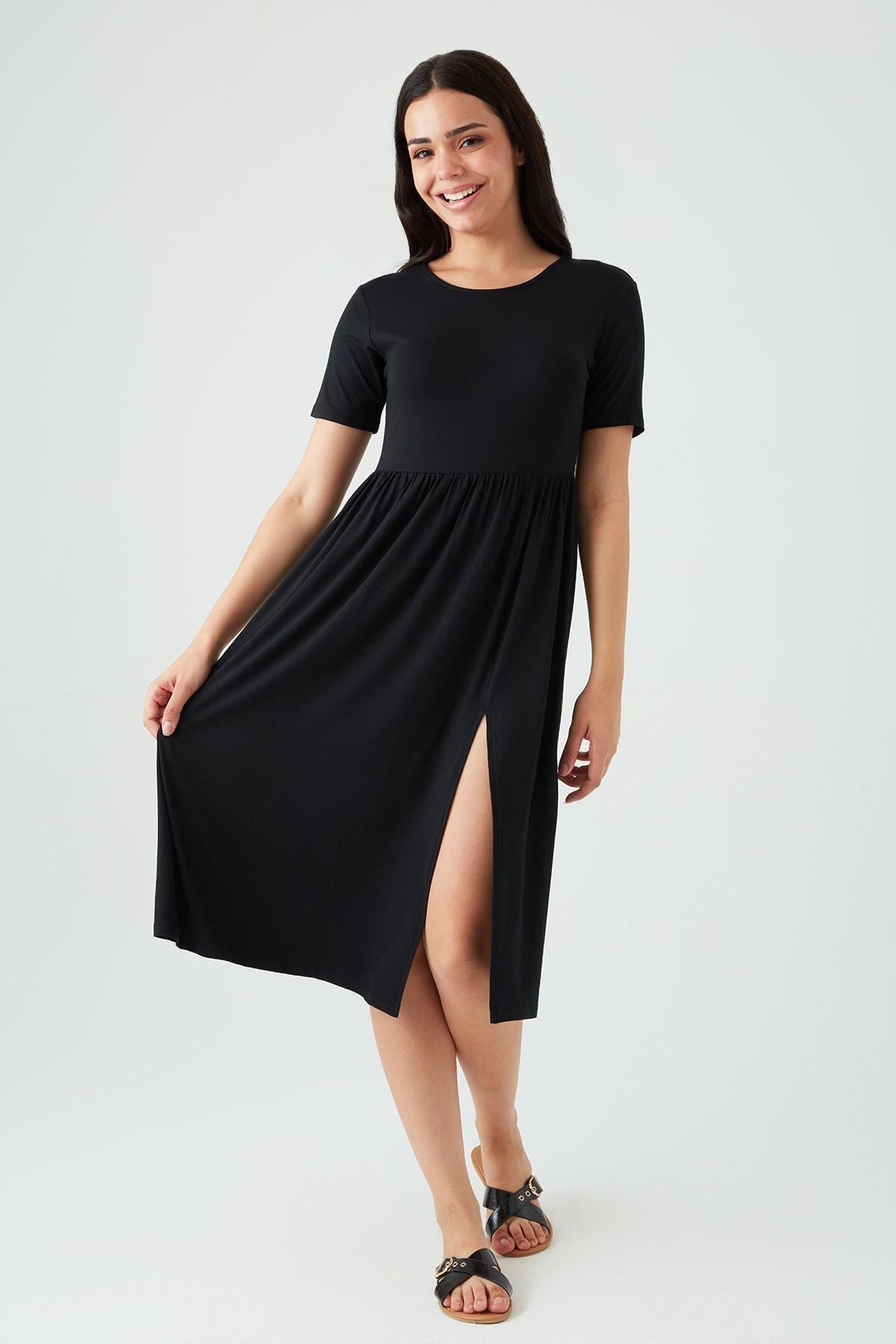 Black Midi Short Sleeve Dress - Select Moda