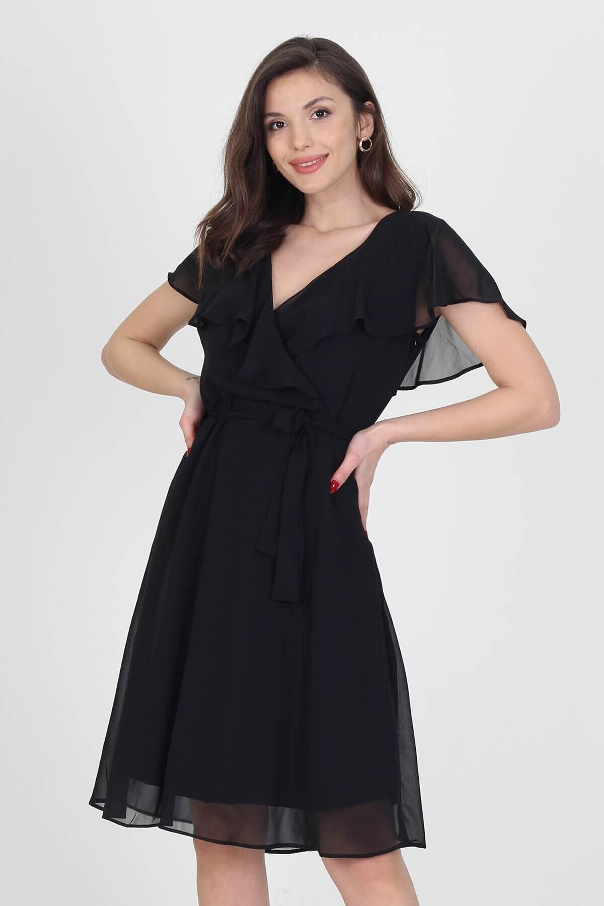 Black Midi Chiffon Dress with Wrap Neck and Tie Detail - XXL BUTİK