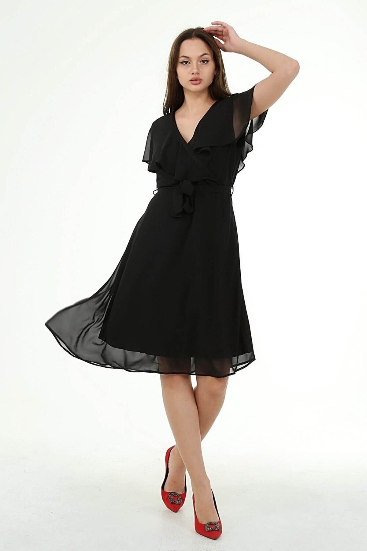 Black Midi Wrap Neck Tie-Detail Chiffon Dress - Genel Markalar