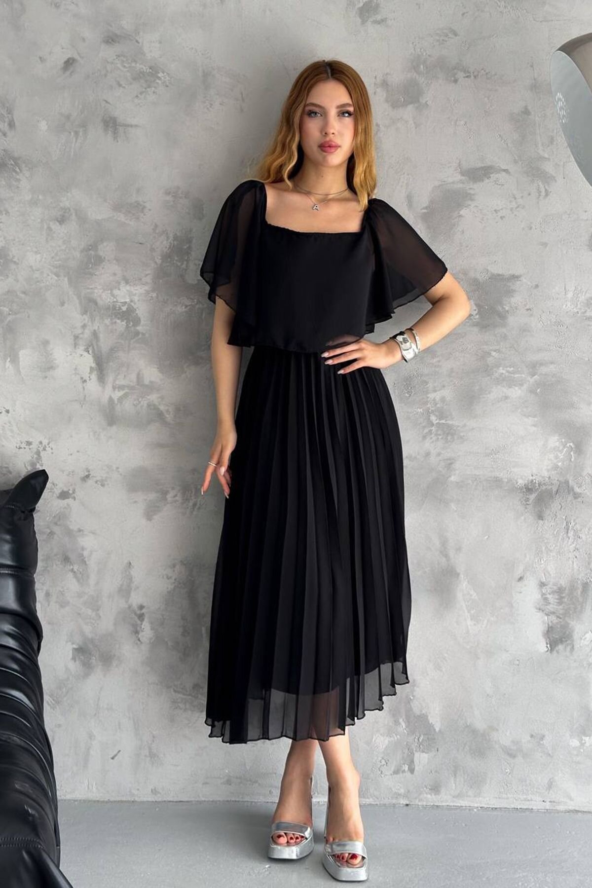 Black Midi Madonna Collar Pleated Chiffon Dress - XXL BUTİK