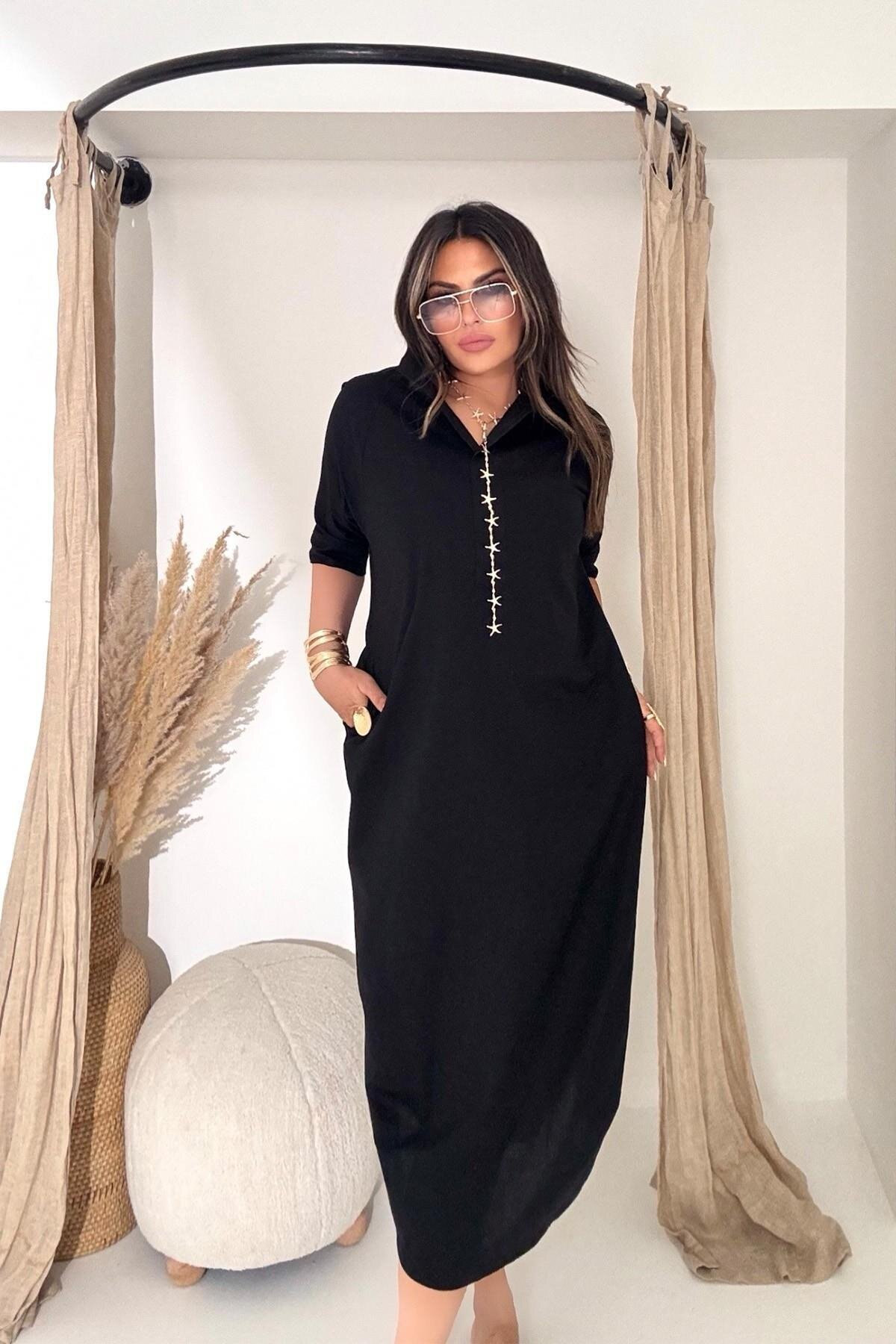 فستان بوبلين ميدي أسود بياقة قائمة ورقبة V - Sohotique By P