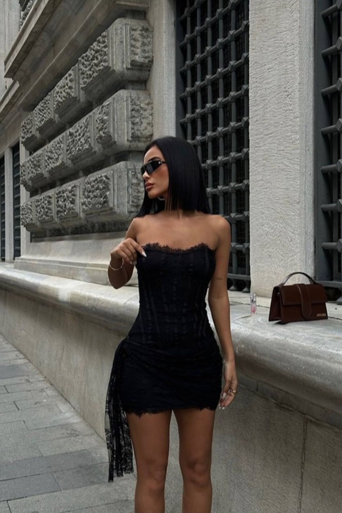 Black Mini Belted Corset Detailed Tie-Back Strapless Evening Dress - VİSKALİ