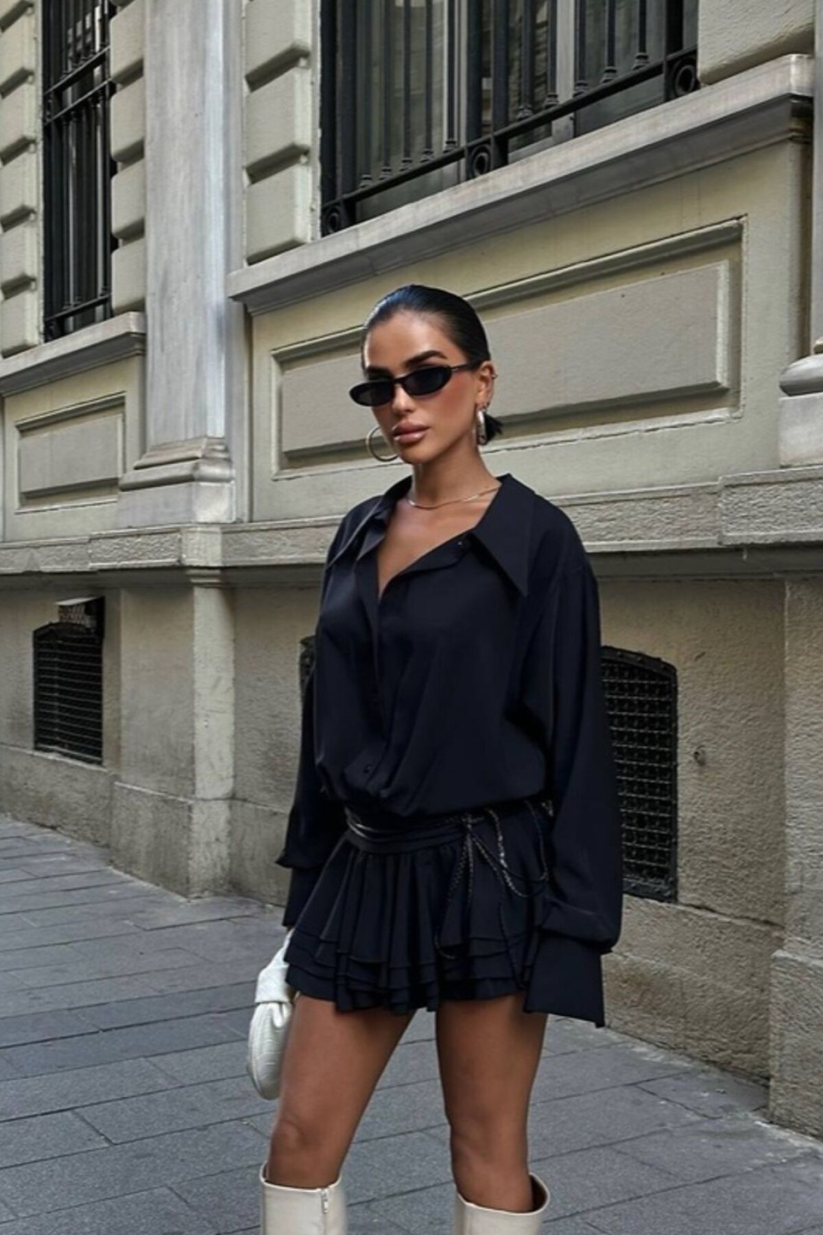 Black Mini Pleated Skirt Shirt Dress with Rope Belt - VİSKALİ