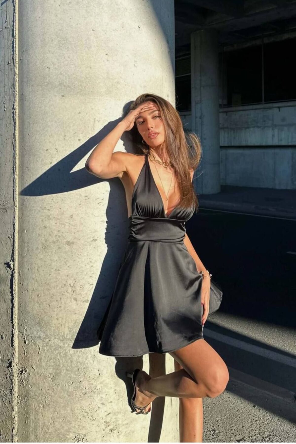 Black Mini Satin Halter Neck Evening Dress with Back Decollete and Belt Detail - VİSKALİ