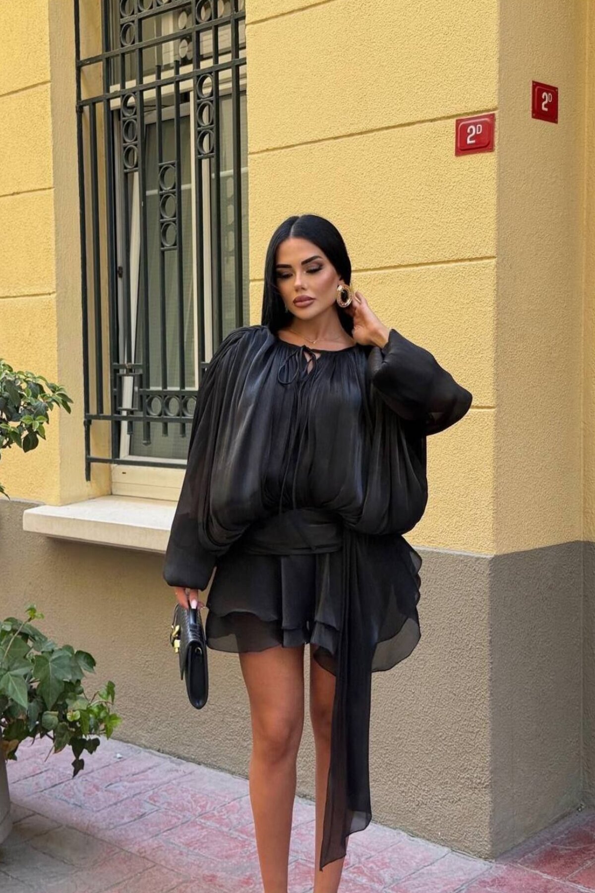 Black Mini Draped Ruffled Chiffon Long-Sleeved Dress with Belt Detail - VİSKALİ