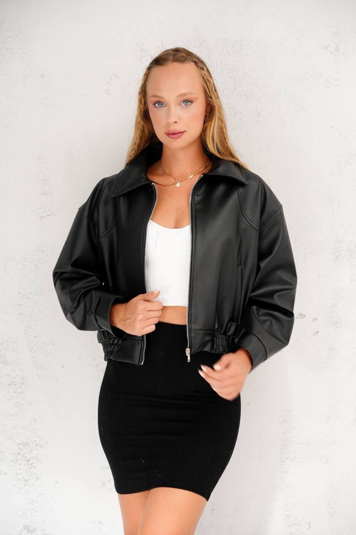 جاكيت بومبر جلدي صناعي فضفاض أسود - İLKCET MODA