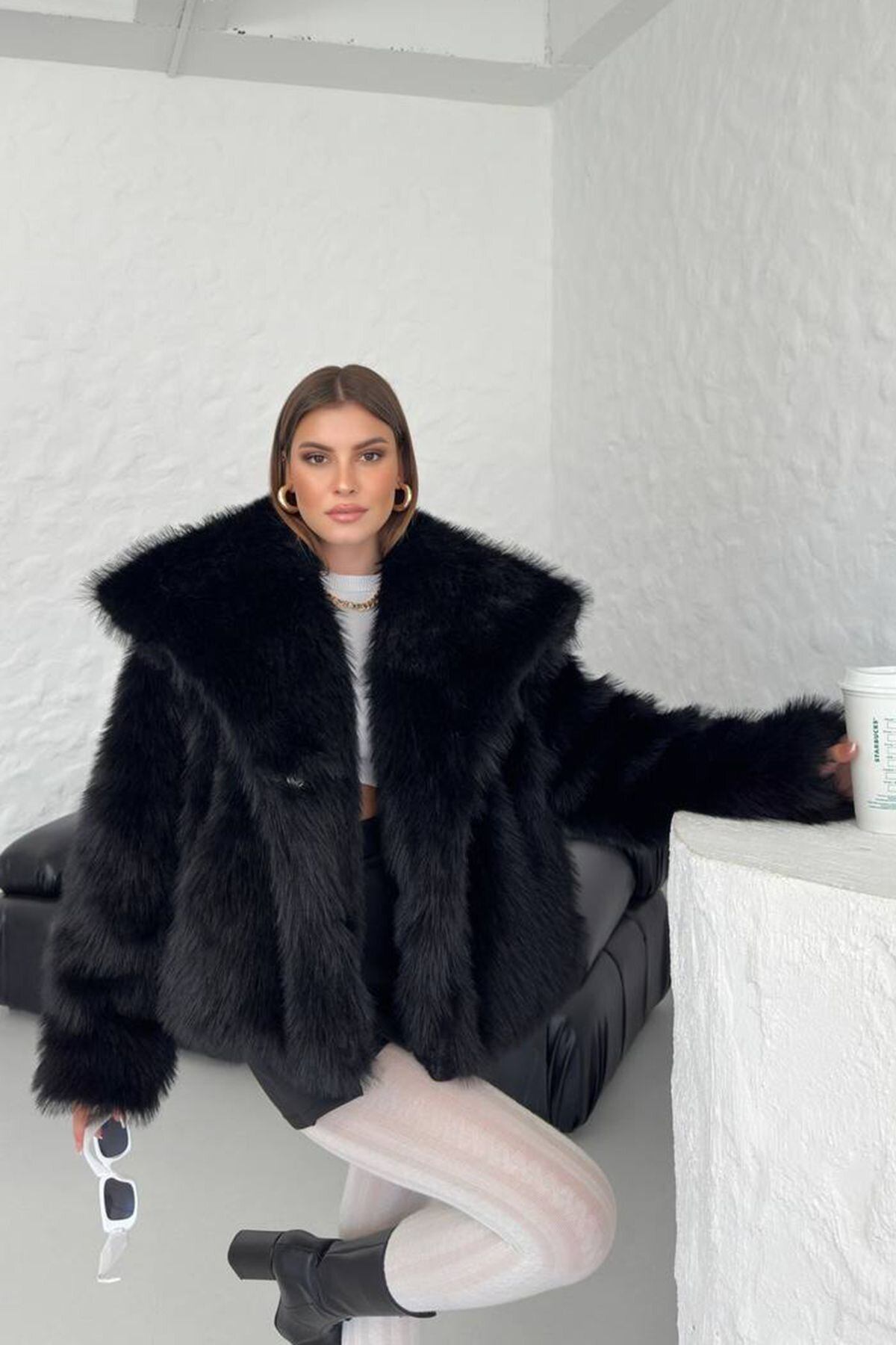 Siyah Oversize Kruvaze Yaka Kürk Mont - XXL BUTİK